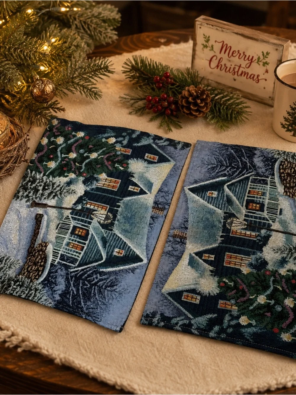 Winter‎ Cottage Holiday Tapestry Placemat Pair Rustic Kitchen Decor